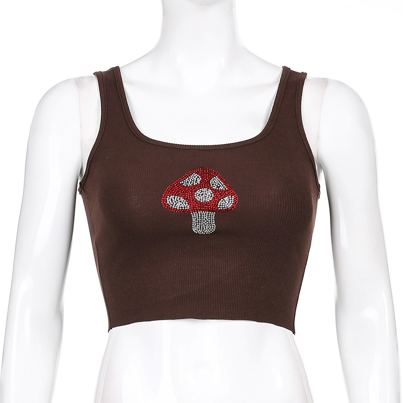 Ribbed Knit Brown Mushroom Y2K Crop Tops Women Cute Hit Summer Sleeveless Casual Tee Tank Top Vest Streetwear 210510