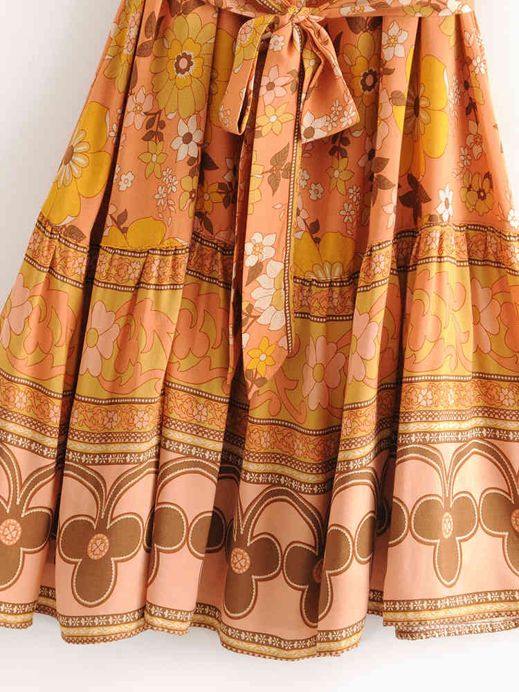 beauty Boho Fashion Floral Print O-neck Midi Dress Women Holiday Chic Sashes Summer Dresses Mujer Vestido De Moda 210514