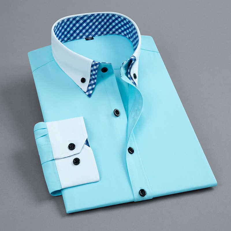 Long Sleeve Men's Formal Dress Shirt Easy-care Fashion Double Collar Solid Color Business Office Work Smart Casual Shirt 210714