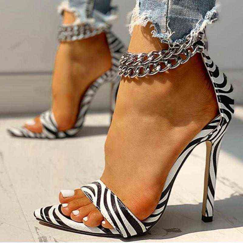 New Women Office Pumps Metal Decoration Chain Open Toe Thin Heels Sandals Leopard Fashion Stylish Shoes Ytmtloy AA220301