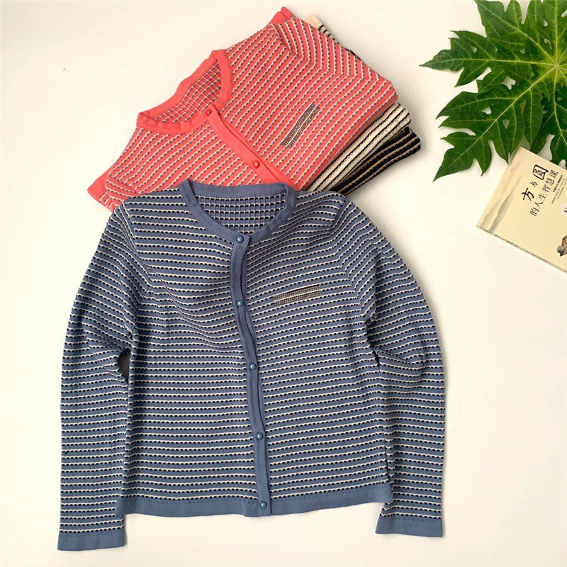 Striped Knitted Cardigans Sweater Women Autumn Winter O-neck Office Lady Beading 210520, Red