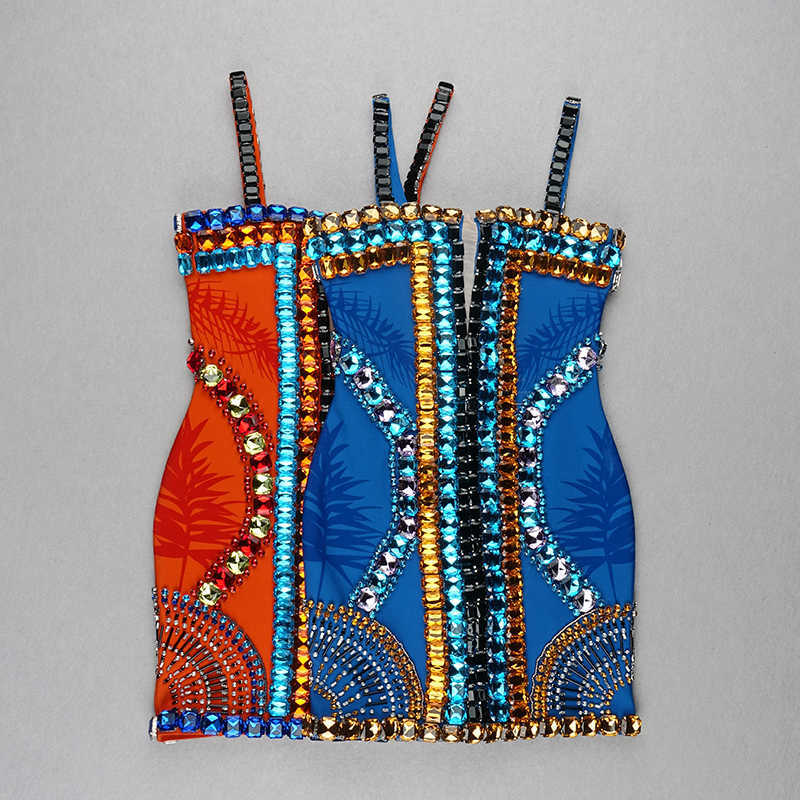 Fall High Quality Orange Slip Handmade Beaded Glittering Rayon Bandage Elegant Club Party Dress Vestidos 210527