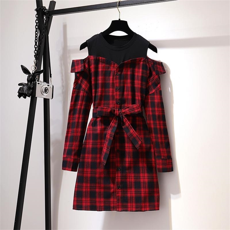 Korean Style Cute Red Plaid Shirt Summer Dress Long Sleeve With Belt Mini Casual Off-shoulder Spring Fall Women 210515, Black;gray
Korean Style Cute Red Plaid Shirt Summer Dress Long Sleeve With Belt Mini Casual Off-shoulder Spring Fall Women 210515, Black;gray