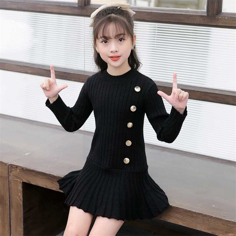Autumn Big Girls Christmas Dress Winter Knit Sweater es Baby ' Button Red Black Fashion Kids Clothes 211104