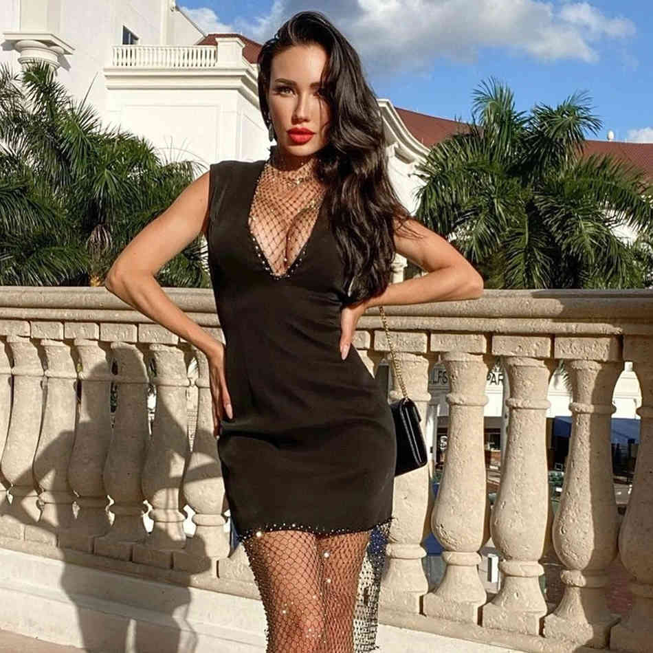 Free Sexy Sleeveless Bandage Dress Women High Neck Mesh Diamond Stitching Bodycon Nightclub Vestidos 210524