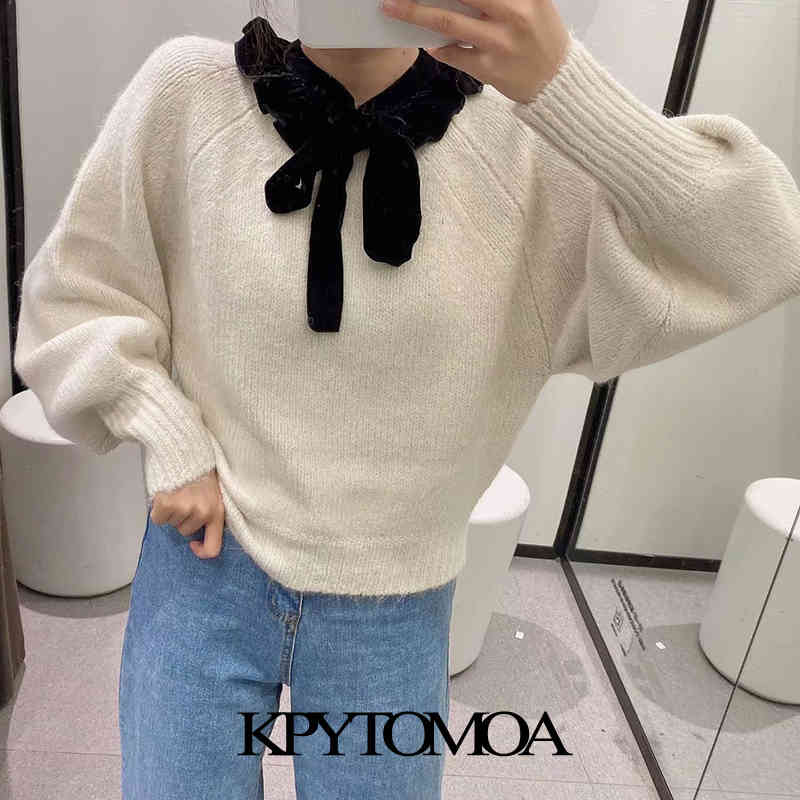 Women Sweet Fashion Patchwork Ruffle Knitted Sweater Bow Tied Lantern Sleeve Female Pullovers Chic Tops 210420