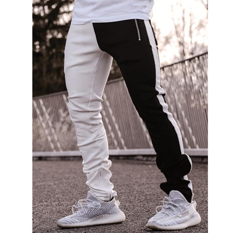 Fashion Drawstring Patchwork Two Color Mens Casual Pencil Pants Streetwear Men Slim Fit Jogger Zipper Elastic Waist Trousers Men's