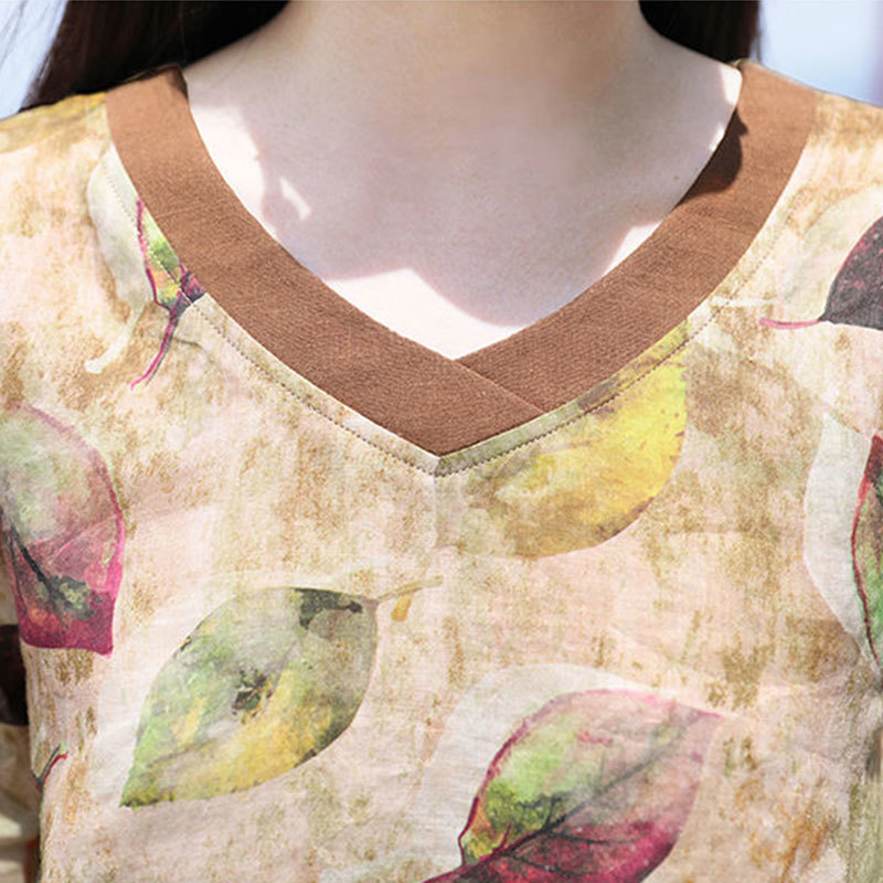 Arrival Summer Women T Shirt Plus Size Half Sleeve V-neck Loose Tee Vintage Leaf Print Tshirts Tops Femme D21 210512