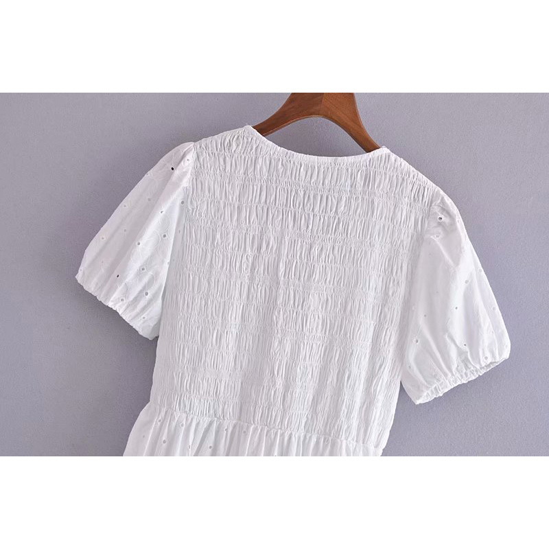 Women Embroidery Dress Hollow Out Short Sleeve V-Neck Maxi Dresses Chic Lady Casual Fashion Clothes 210517