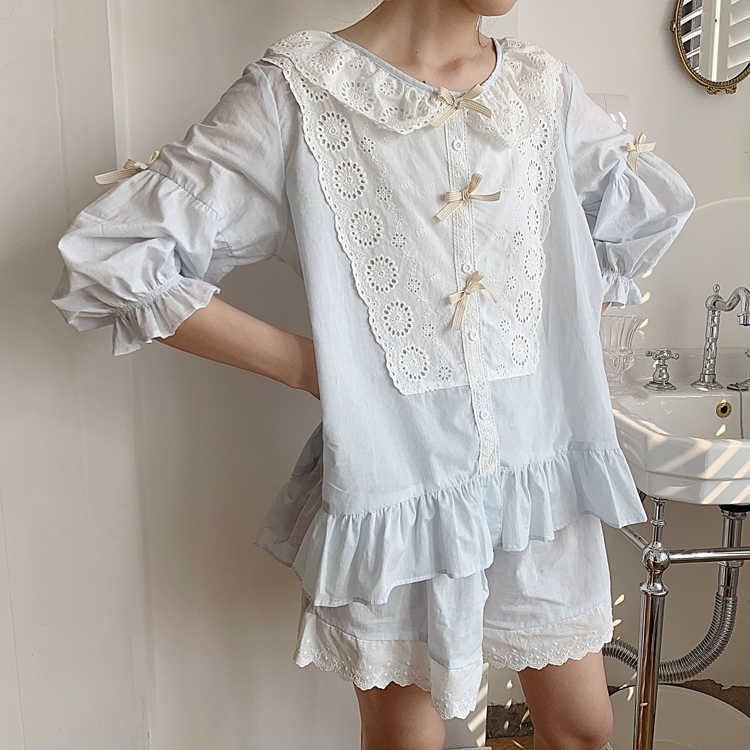 Women's Lolita Princess Lace Pajama Sets Cotton Tops+Shorts.Vintage Ladies Girl's Lace Pyjamas set.Summer Sleepwear Loungewear 210924