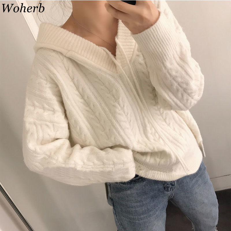 Wohern Korean Fashion Ladies Hooded Sweater Women Knitting White Sweaters Casual Pullover and Jumper Loose Knitwear Autumn 210422