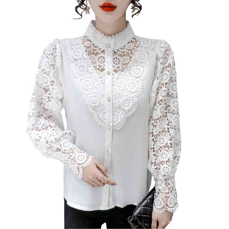 lace stand collar shirt Petal long sleeve top female Hollow Out Flower Lace Patchwork White Shirt Femme Blusas 980B 210420