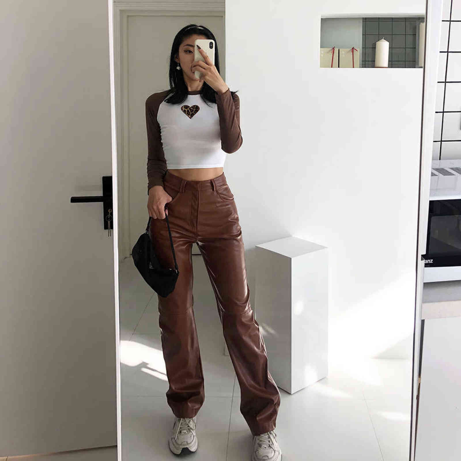 High Waisted PU Leather Pants Women Jogger Casual Fashion Side Pockets Straight Wide Leg Loose Vintage Brown Trousers 211115