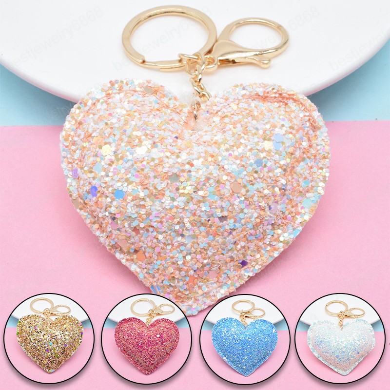 Sweet Glitter Love Keychain Flashing Sequin Key Chain for Women Backpack Pendant Key Ring Trinkets Handbag Ornament