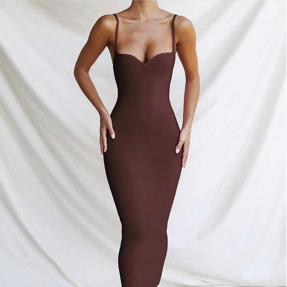 Woman Sexy V-neck Middle Calf White Black Brown Bandage Dress Elegant Celebrity Bodycon Party Vestido 210527