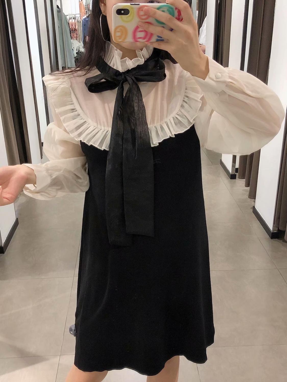 ZEVITY women elegant bow tied chiffon patchwork knitting ruffles shirtdress Office lady casual vestidos chic mini dresses DS4528 210419