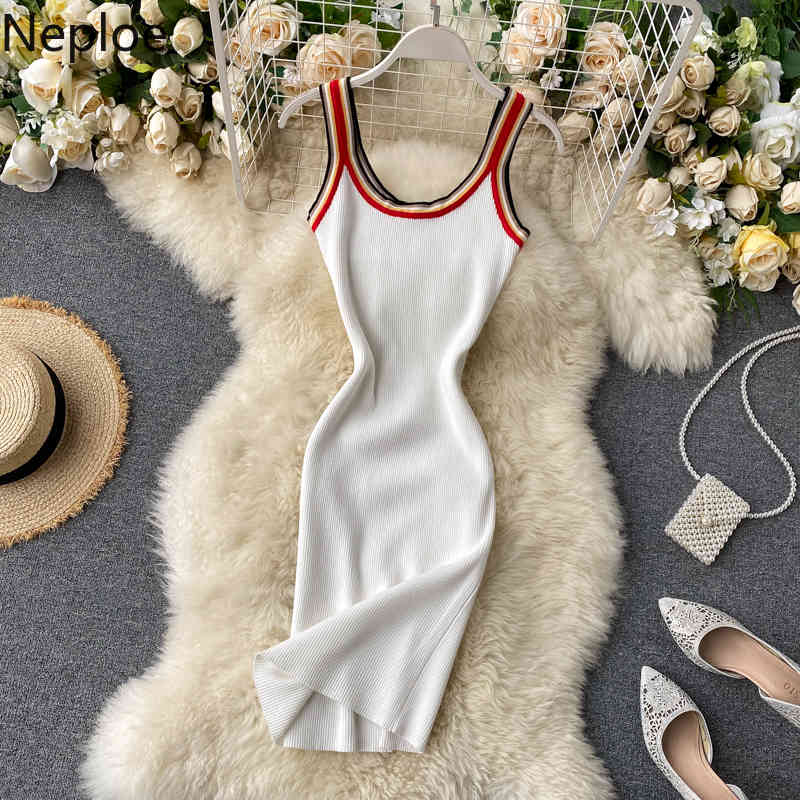 Neploe Contrast Color Summer Dress Knitted Fashion Bodycon Dresses Women Knitting Korean Sexy Stretch High Waist Vestidos 210423