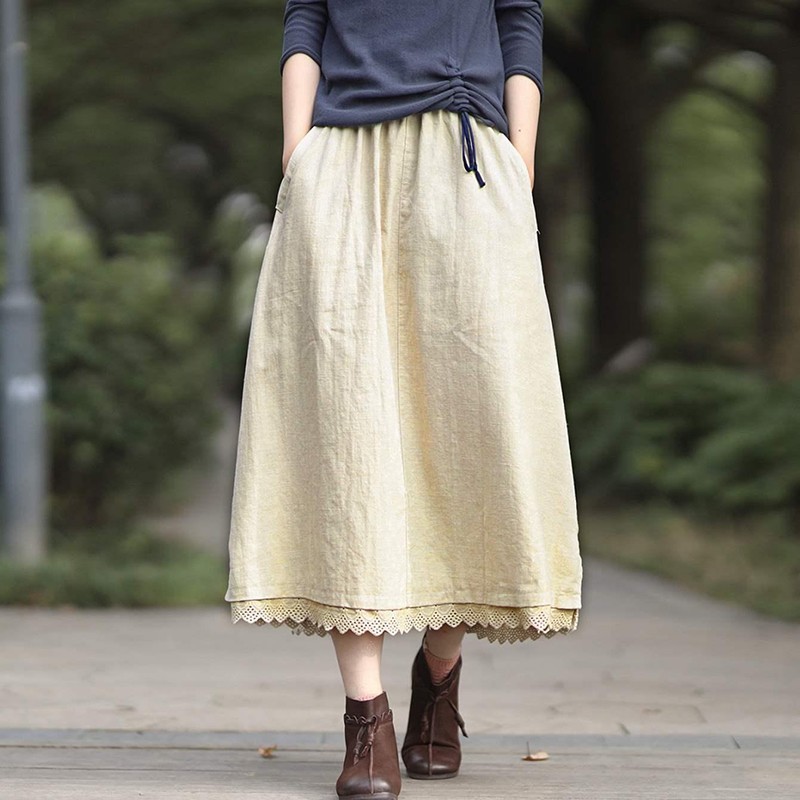 Spring Autumn Arts Style Women High Waist A-line Long Skirt All-matched Casual Patchwork Lace Cotton Linen Skirts M228 210512
