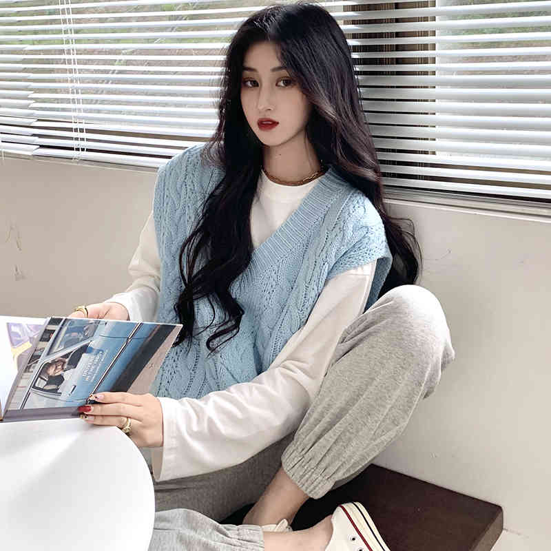 4 colors korean style V-neck soild color loose sleeveless vest sweaters womens knitted sweaters womens pullovers (C9831) 210423