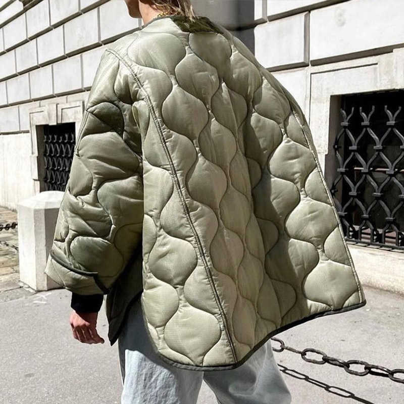Women Army Green Winter Quilted Parkas Female Casual Long Sleeve Pocket Single Breasted Curved Hem Jacket Coat 211013