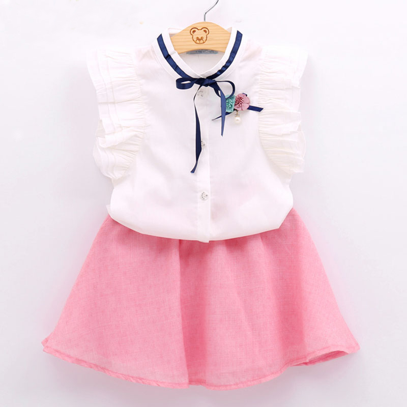 Girls Sets Summer Cotton Tie Bow T-shirt+Solid Color Short Skirt Fashion Party Clothes Kids 210515