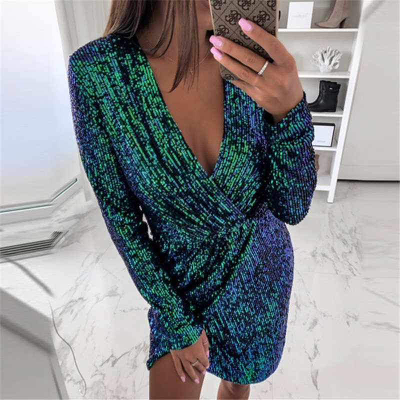 Green Sequined Club Dress Sexy Split Long Sleeve Mini Spring Women Dresses Elegant Plus Size 5XL Party Short Vestido Femme 210507