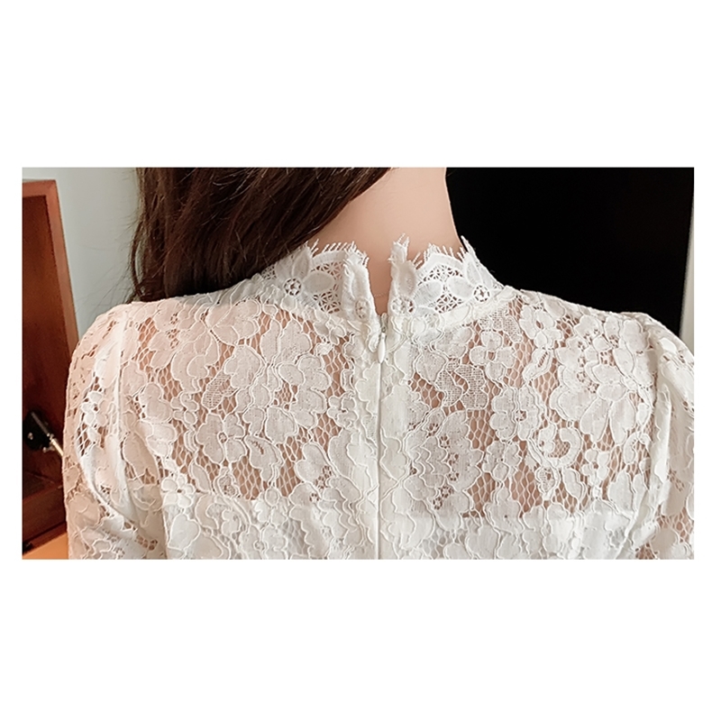 Women's Summer Dress Ladies Puff Short Sleeve Lace Hollow Out Elegant Mini Female Stand Collar Diamond Button Vestidos 210520
