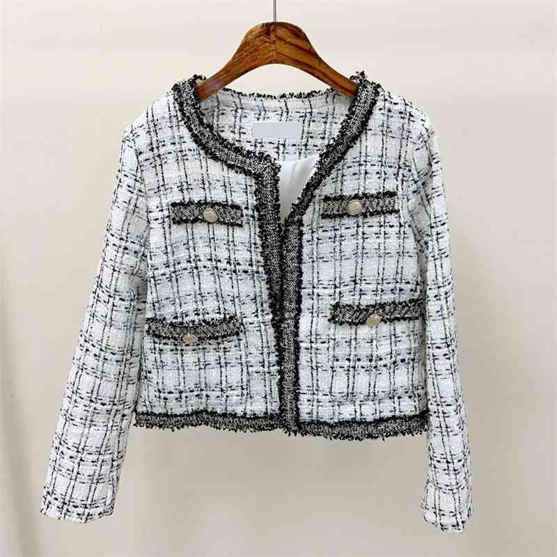 Korean Vintage Elegant Tweed Coats Jackets Women Autumn Winter Long Sleeve O-neck Fashion Ladies Jackets 210515