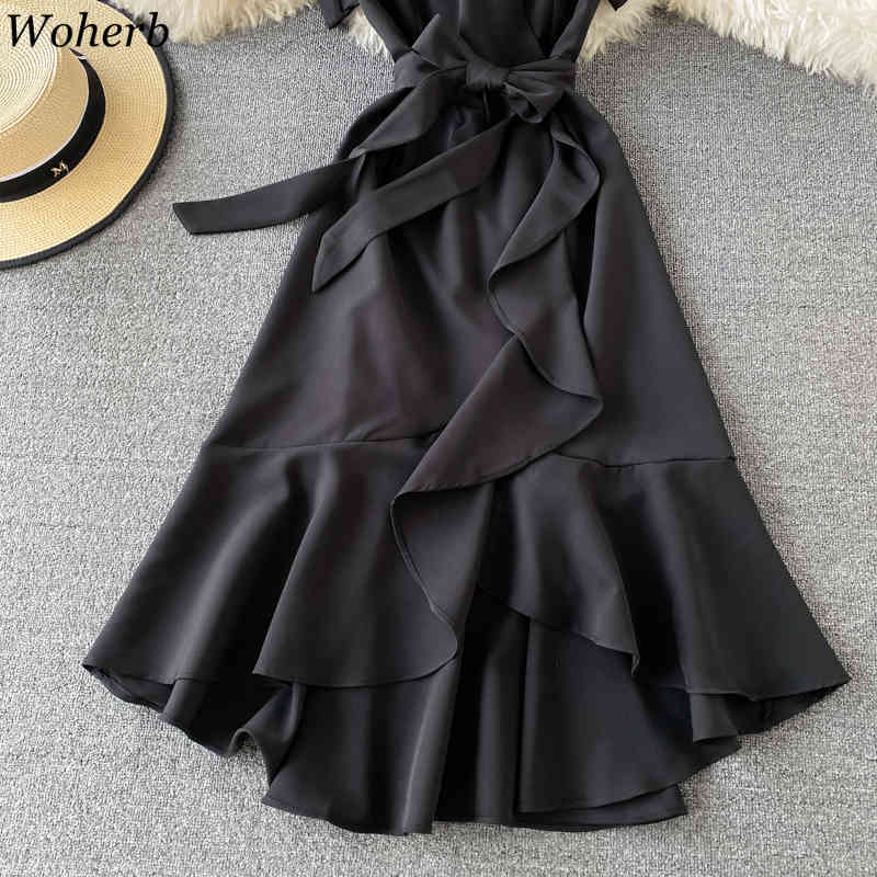 Summer Woman Dress Elegant Temperament Vestidos V-neck Slim Waist Robe Irregular Lace Up Ruffles Dresses Female 210422