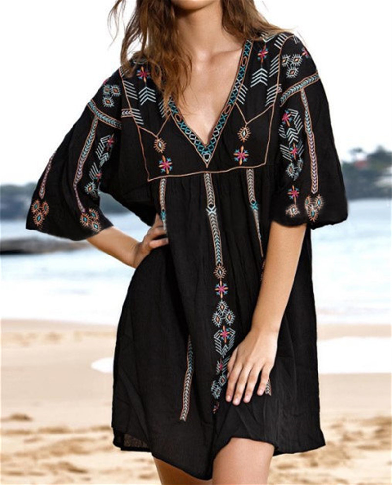 Embroidery Bikini Cover Up Tassel Swimsuit Beach Dress Women Summer Ladies Cover-Ups Bathing Suit Wear Tunic #Q611 210420