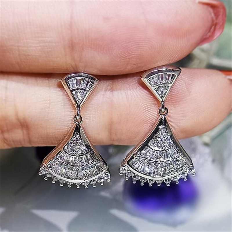 2021 Top Sell Luxury Jewelry Set 925 Sterling Silver Full Princess Cut White Topaz CZ Diamond Skirt Clavicle Necklace Dangle Earring Women Wedding Ope