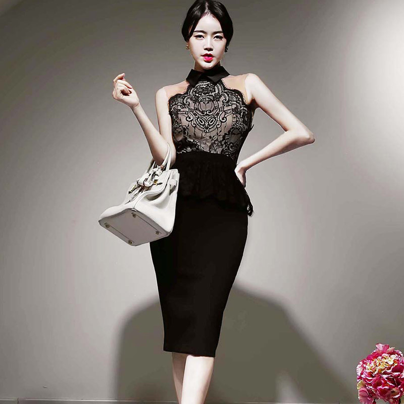 Summer Women Ruffles Pencil Dress Koran Fashion Lace Patchwork Sleeveless Turn Down Collar Bodycon Work 210506