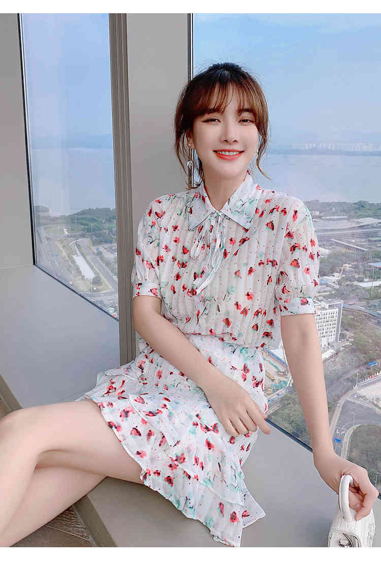 Summer Two-piece Set Women Chiffon Flower Print Lapel Short Sleeve Blouses + Ruffles Mini Skirt Female Sweet Outfit 210519