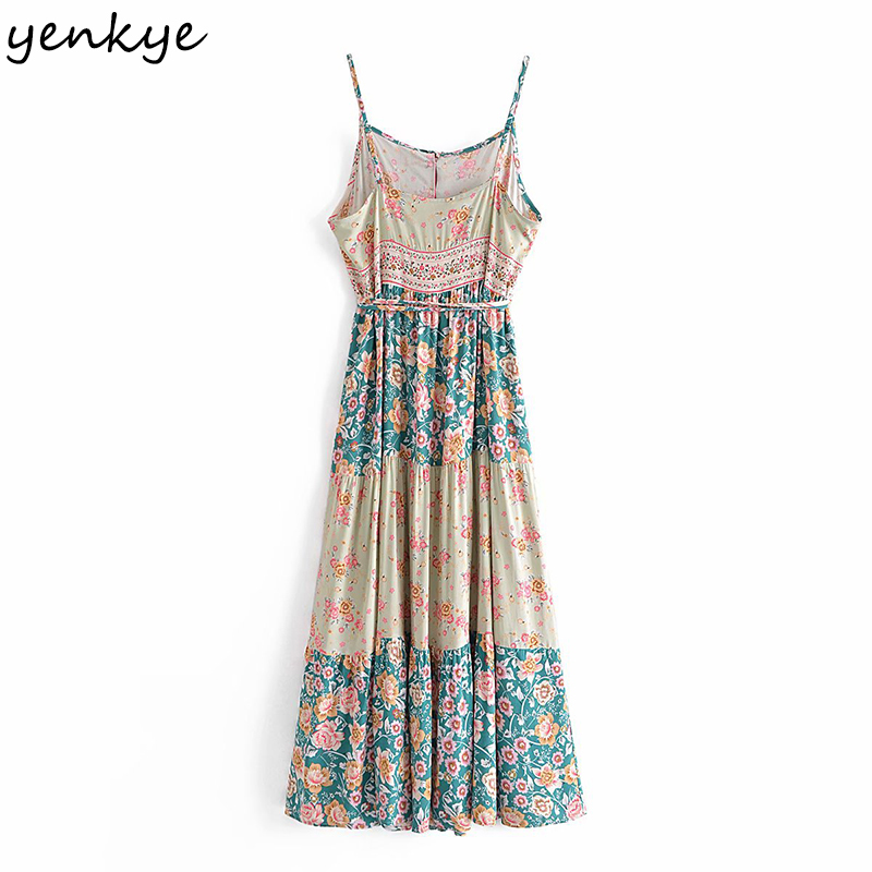 Holiday Summer Boho Beach Dress Women Vintage Hit Color Floral Print Robe Longue Female Sexy Sling Casual Long Dresses 210430
