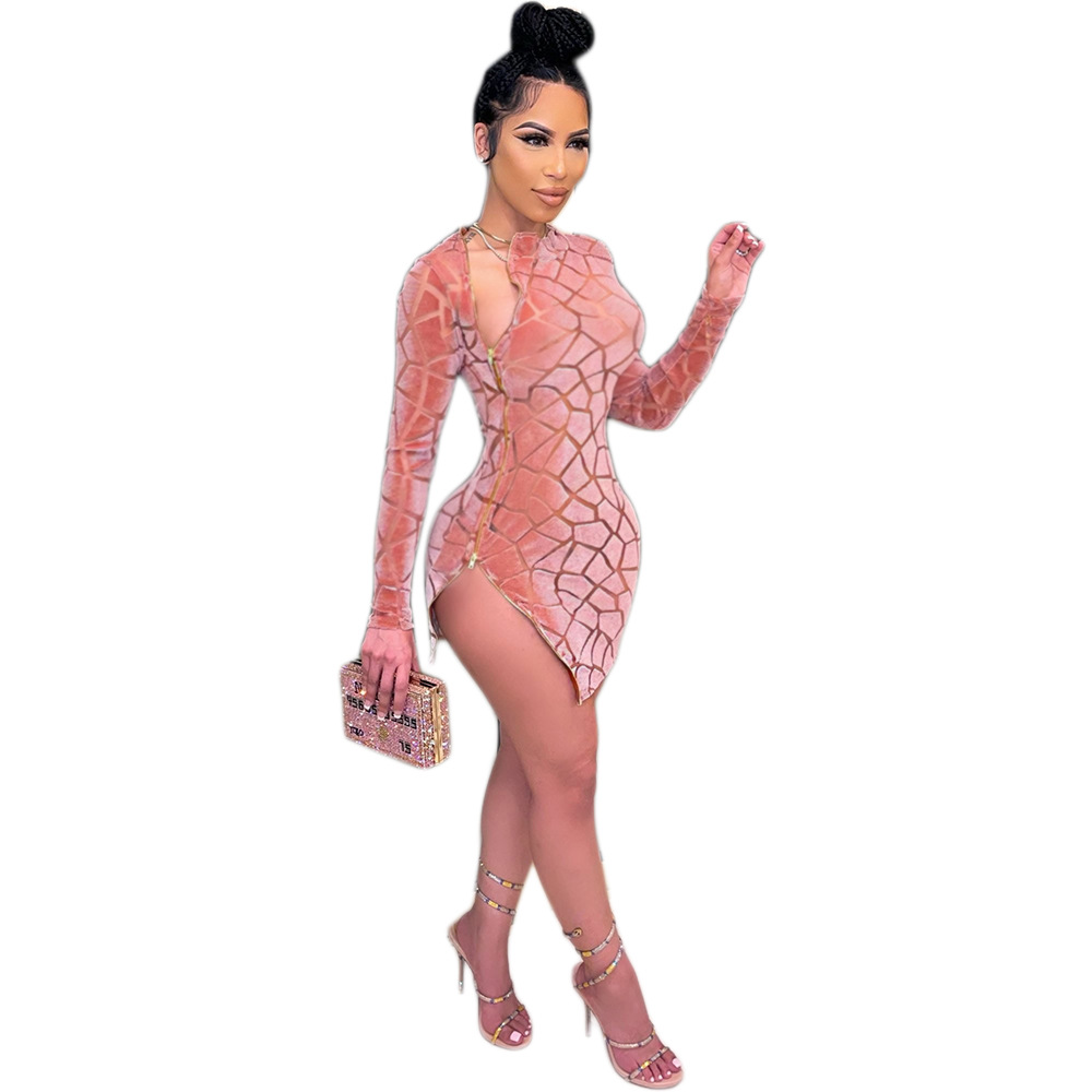 Chic Zipped Mini Dress Royal Blue Womens Long Sleeve Side Slit Skinny Veet Short Party Dresses Birthday Outfits