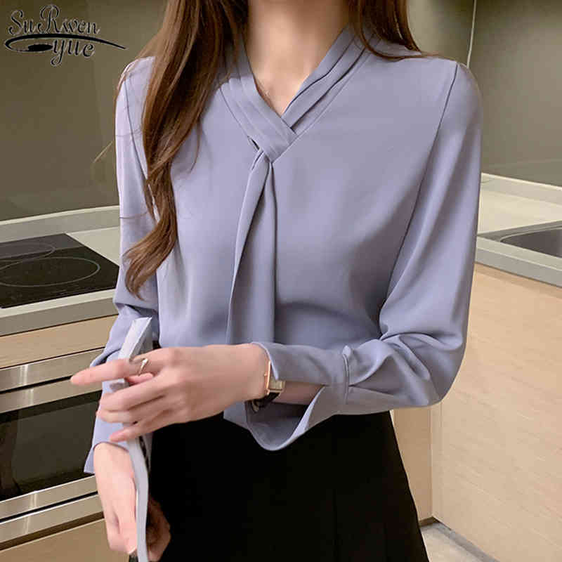 Loose Pullover Plus Size Tops Fashion Women Blouses Autumn Shirt Office Lady Shirts Solid Long Sleeve Chiffon 11050 210427