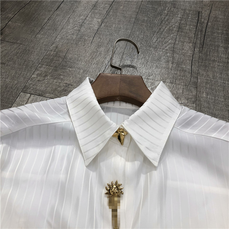 VGH Casual Patchwork Diamond Striped Blouse For Women Lapel Long Sleeve Loose White Shirts Female Fashion New Clothing Fall 210421