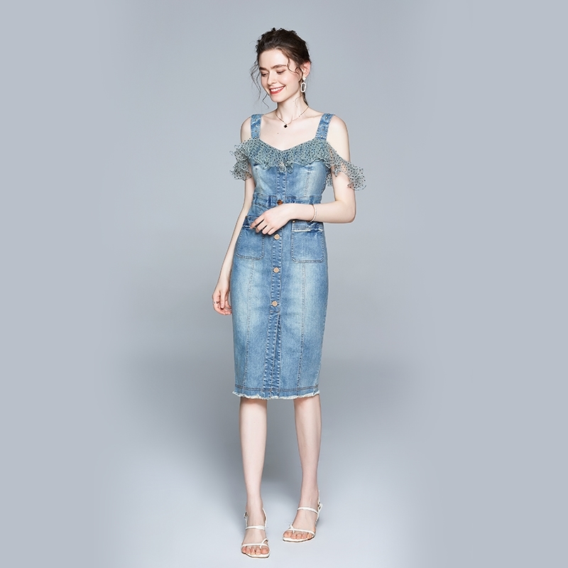 Fashion Women Summer Denim Dress Dot Mesh Patchwork Ruffle Jean es Sexy Strapless Vestidos 210520