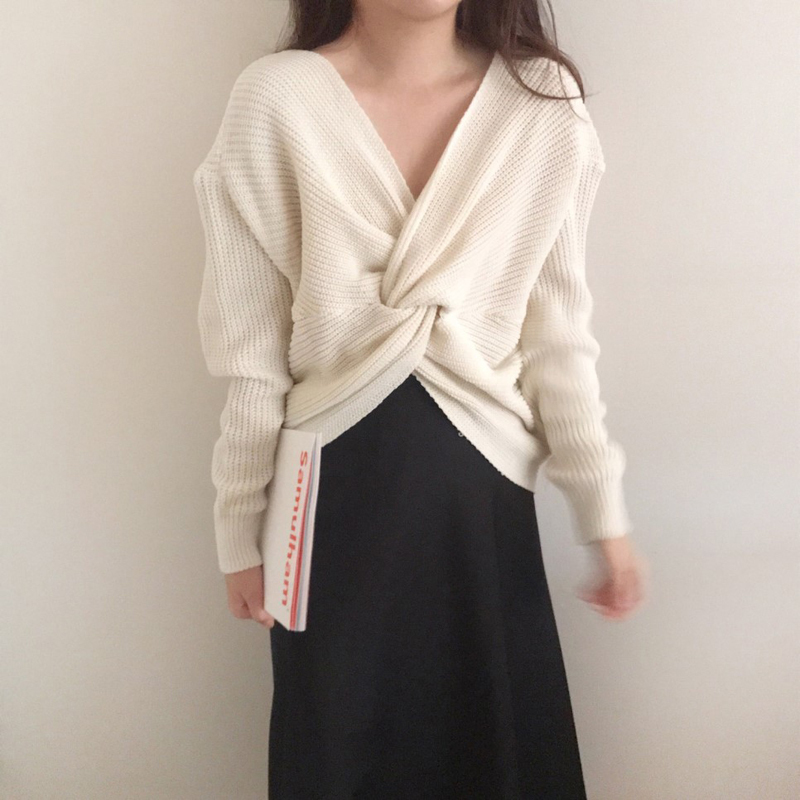 Women's Pullovers Korean-Style Back Wearable V-neck Short Section Long-Sleeved Knitted Sweater Autumn Clothes Women 916D 210420