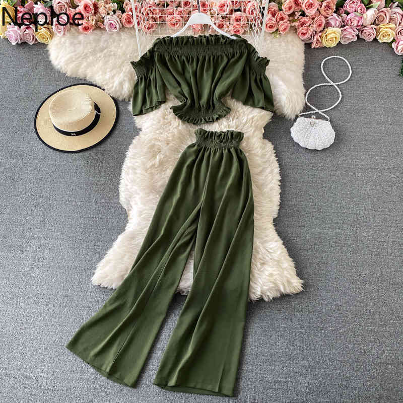 Neploe Fashion Suit Two Piece Outfits for Women Slash Neck Off Shouder Crop Tops Loose Waide Leg Pants Summer Korean 2 Piece Set 210422