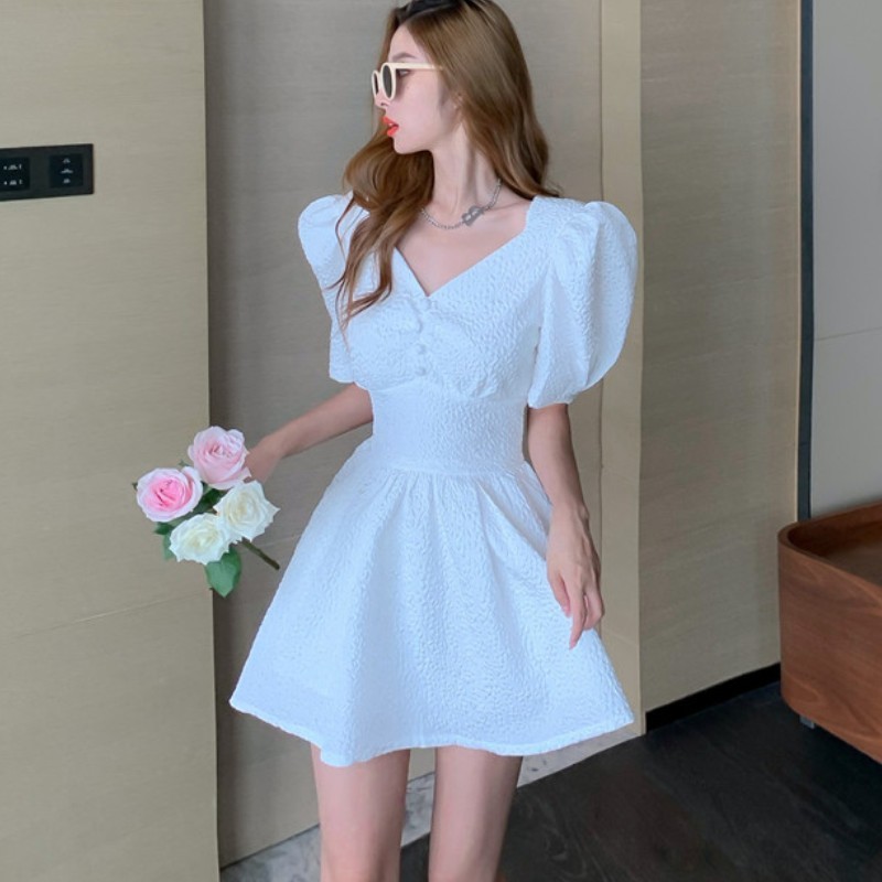Summer Sweet White Vintage Dress Korea Women Elegant Puff Sleeve Slim Waist Party Mini Dress Female 210518
