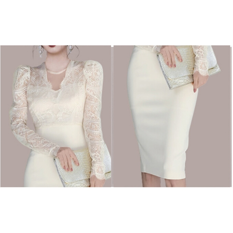 Elegant Patchwork Lace Women's Dresses V Neck Long Sleeve High Waist White Female Fashion Clothing 210520