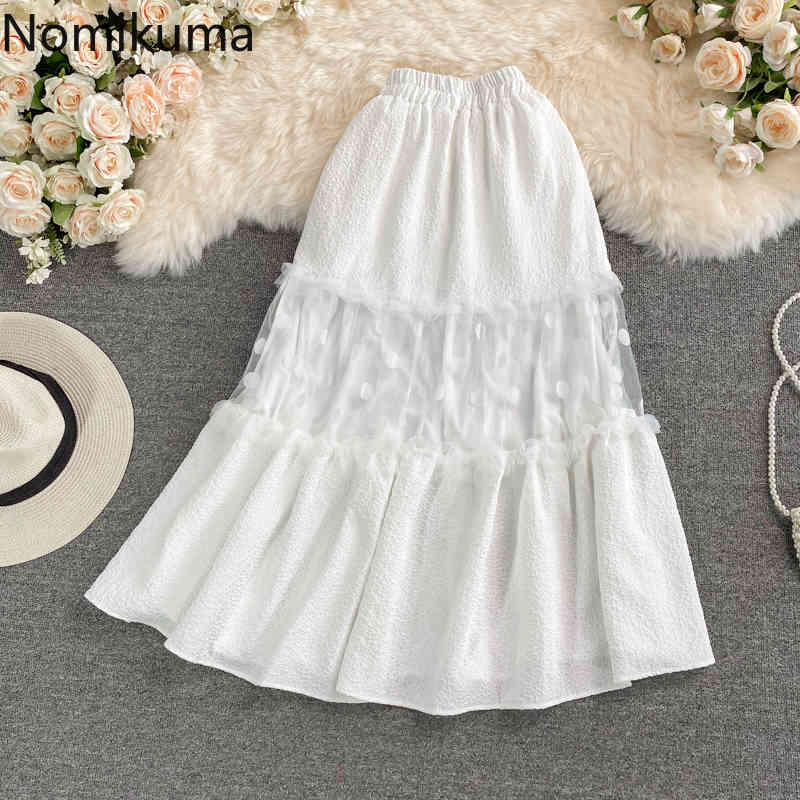 Nomikuma Korean Dot Mesh Patchwork Woman Dress Summer High Waist A-line Skirts Causal Sweet Faldas Mujer Moda 6H287 210427