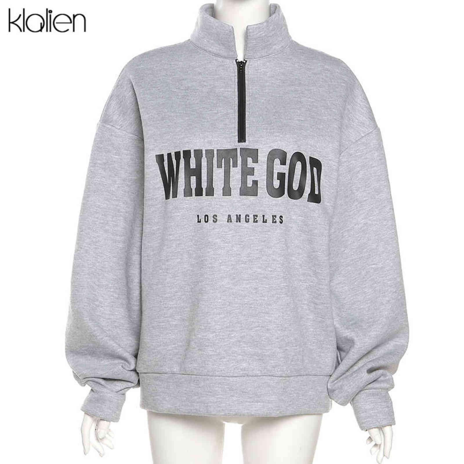 KLALIEN Fashion Casual Street Print Letter Loose Pullover Hoodies For Women Autumn Simple Warm Thicken Sweatshirts Female 211108