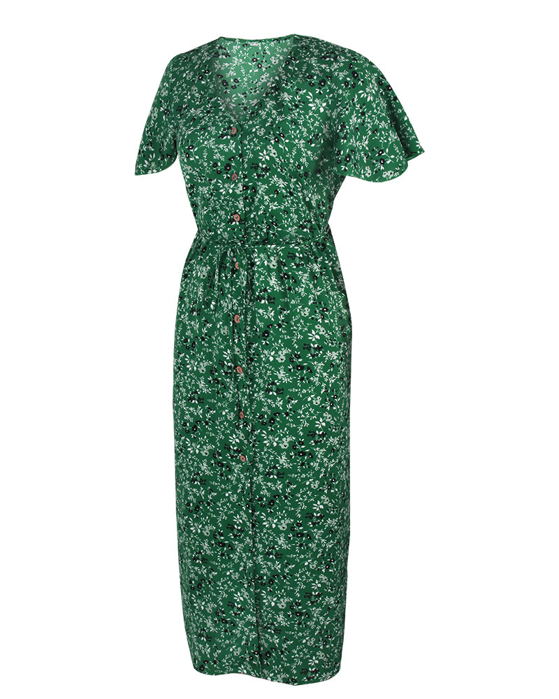 Women Dress Printed Bohemia Sexy Long Print Floral Maxi es V Neck Short Sleeve High Waist es 210513