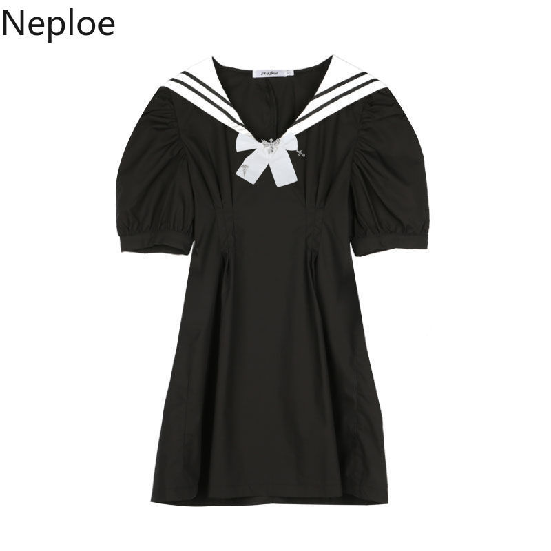 Neploe Dress for Women Summer New Robe Preppy Style Sailor Collar Slim Waist Vestidos Puff Sleeve Black Dresses Female 210422