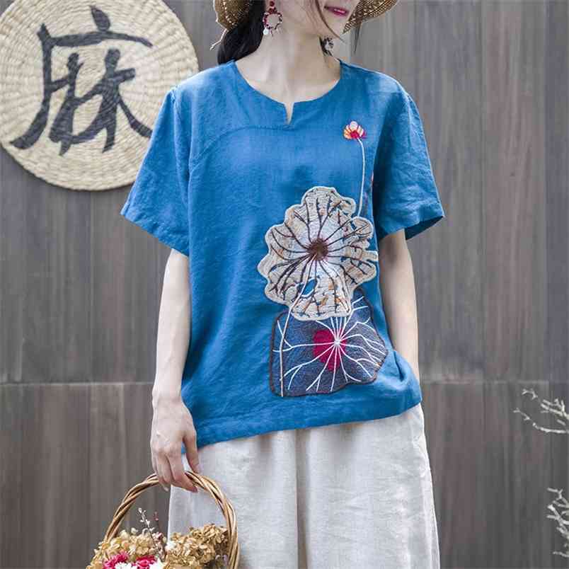 Summer Style Women Tshirt Plus Size Short Sleeve Loose V-neck Tops Cotton Lady Lotus Leaf Embroidery Vintage Tee Shirt HXJ3 210512