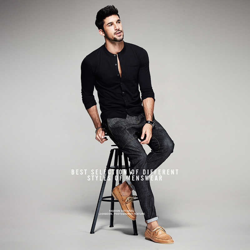 KUEGOU Cotton elastic men's long sleeve t shirt male slim autumn open collar men's fashion tshirt top plus size ZT-765 201004