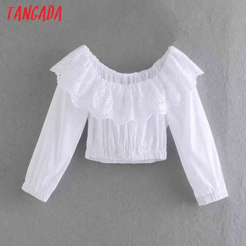 Women Ruffles Embroidery Romantic Off Shoulder Crop Blouse Long Sleeve Chic Female Shirt Tops 5Z94 210416