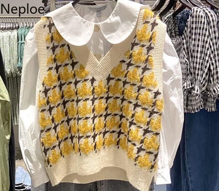 Neploe Preppy Style Knit Plaid Vest Spring Autumn Sleeveless Sweater Coat Tops Women Knitted Cropped Casual Waistcoat Outwear 210422